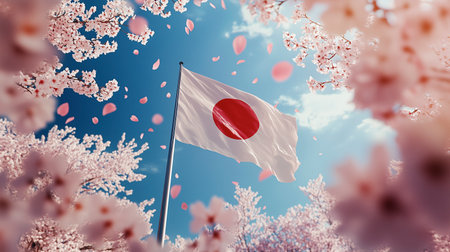 This stunning image captures the Japanese national flag standing tall amidst a sea of delicate, pink cherry blossoms. The flag's vibrant red sun symbol is the focal point, contrasting beautifully with the soft, pastel-colored petals that dance in the breeze around it. The clear blue sky provides a serene backdrop, emphasizing the tranquil and picturesque atmosphere. This image evokes a sense of national pride, as well as the natural beauty and seasonal elegance that is so closely associated with Japan. It would be an excellent choice for use in travel, cultural, or patriotic-themed designs and publications.の写真素材