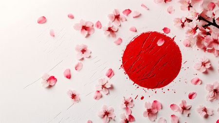 Creative layout made of cherry blossoms and red circle on white background