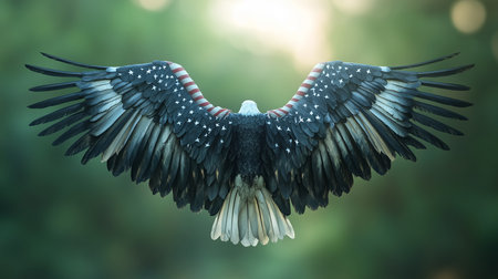 3d illustration of eagle flying in the air with bokeh backgroundの写真素材
