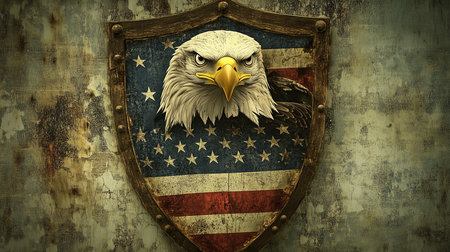 Vintage american shield with eagle on grunge background. 3d renderingの写真素材