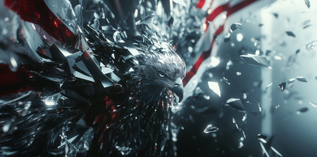 3d rendering of a black crow breaking glass with a red ribbonの写真素材