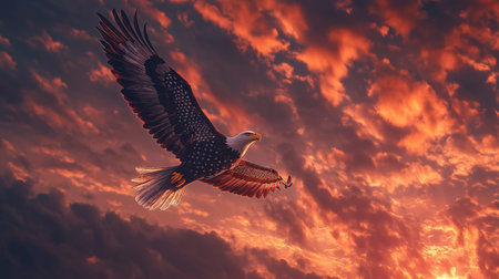 Bald Eagle flying in the sunset sky. 3D Rendering