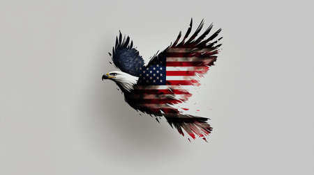 American eagle with American flag on white background. 3D illustration.