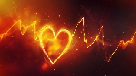 This captivating image depicts a stylized, glowing heart shape pulsing with a fiery, energetic heartbeat. The vibrant orange and red hues, coupled with the dynamic, undulating lines, create a sense of raw, palpable passion and intensity. The sparkling, ethereal background adds an otherworldly, mesmerizing quality to the design, making it a visually striking and emotionally evocative piece.の写真素材
