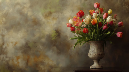 Bouquet of tulips in a vase on a dark backgroundの写真素材