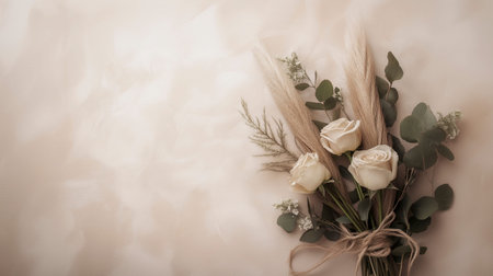 This elegant image captures a minimalistic bouquet of flowers arranged against a soft, light beige background. The bouquet consists of three white roses, vibrant green leaves, and a few sprigs of dried grass or pampas grass. The flowers and foliage are artfully tied together with a piece of twine, creating a sophisticated and calming composition. Perfect for themes related to elegant decor, minimalistic aesthetics, and natural beauty, this image beautifully showcases the harmonious blend of white roses and greenery.の写真素材