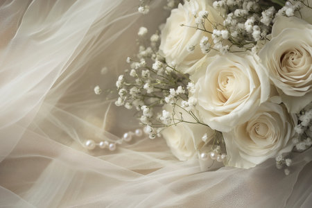 This image showcases an elegant and delicate bouquet of white roses, interspersed with small white flowers, likely baby's breath. The bouquet is resting on soft, sheer fabric, possibly a wedding veil, with a few pearls scattered on the fabric. The overall scene is delicate and romantic, suggesting it could be part of a wedding or special occasion. The soft lighting and gentle colors contribute to the serene and beautiful atmosphere of the image, making it perfect for wedding decor, special occasion floral arrangements, and romantic settings.の写真素材