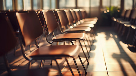 Row of chairs in waiting room at airport terminal. Selective focus