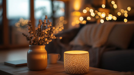Vase with dried flowers and candles on table in living room at nightの写真素材