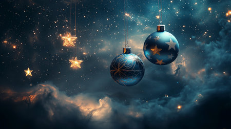 3D rendering of christmas baubles against night sky backgroundの写真素材
