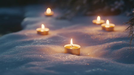 Burning candles in the snow. Christmas and New Year concept.の写真素材