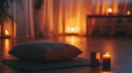 Burning candle with green leaf on dark background. Copy space.の写真素材