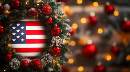 Beautiful Christmas wreath with USA flag on blurred bokeh backgroundの写真素材