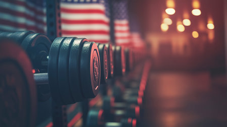 Dumbbells with American flag in gym. 3d renderingの写真素材