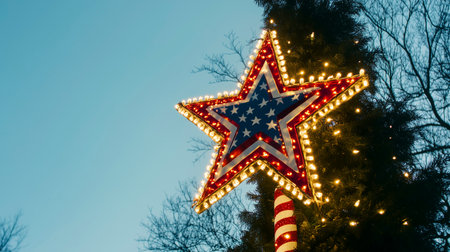 Christmas tree with star on blue sky background at nightの写真素材