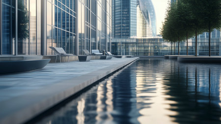 3d render of modern office building with swimming pool in the foreground