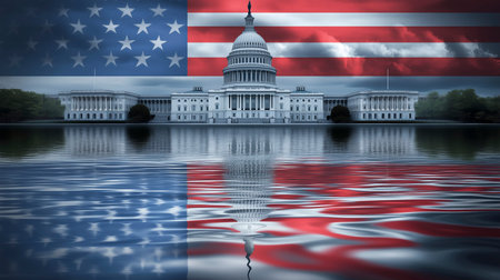 Capitol building Washington DC reflected in water with American flag overlay.の写真素材