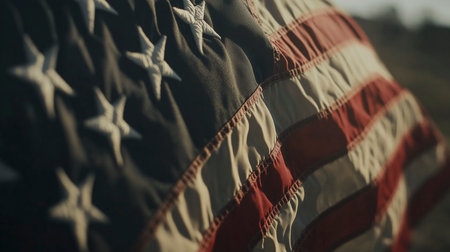Closeup of American flag in sunlight. Selective focus. Toned.の写真素材