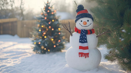 Snowman with Christmas tree in the background. Christmas greeting card.の写真素材