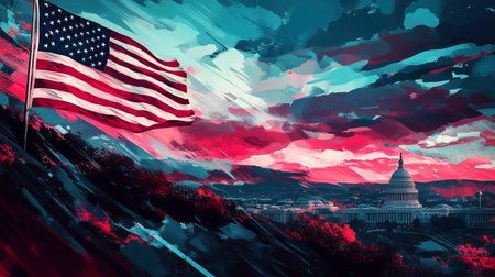 Washington DC skyline with American flag on abstract background. 3D Renderingの写真素材