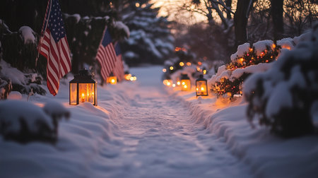 American Flag and lanterns on the cemetery during the snowfall.の写真素材