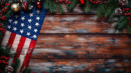 American flag with christmas decorations on wooden background. Top view.の写真素材