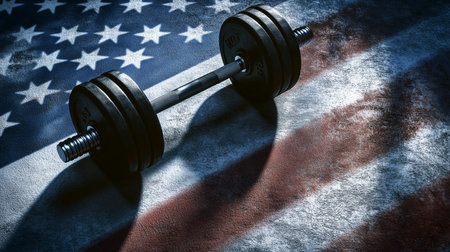 American flag with dumbbells, 3d render, close upの写真素材