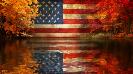 American flag reflected in the lake in autumn forest. 3d renderの写真素材