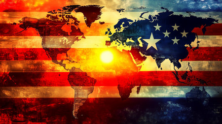 American flag with map of the world on a dark grunge backgroundの写真素材