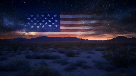 American flag against starry night sky over desert landscape in the Mojave Desertの写真素材