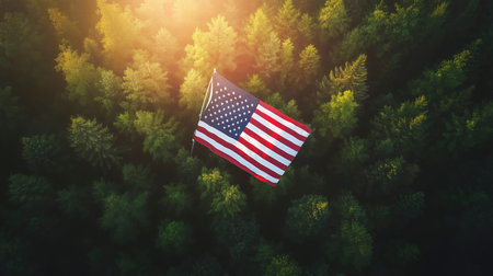 American flag flying in the air over the forest. 3d renderingの写真素材