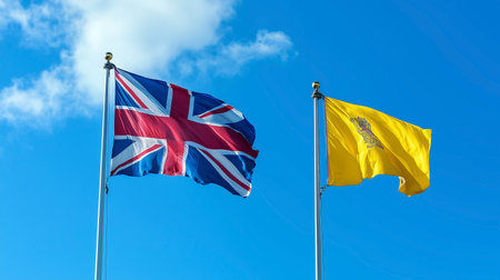 British and United Kingdom flags waving in the wind against blue sky.の写真素材