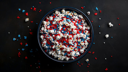 Bowl of popcorn on black background. Top view, copy spaceの写真素材