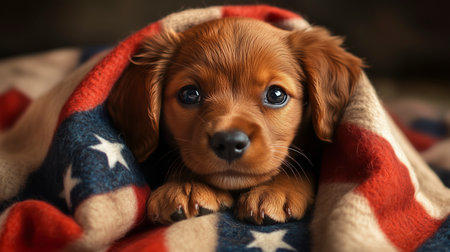 Cute little dachshund puppy under plaid, closeupの写真素材
