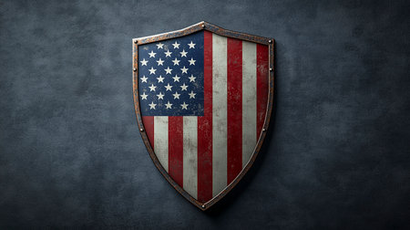 United States of America flag shield on dark wall. 3d renderingの写真素材
