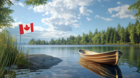 Canoe in the lake with flag of Canada. 3D Renderの写真素材