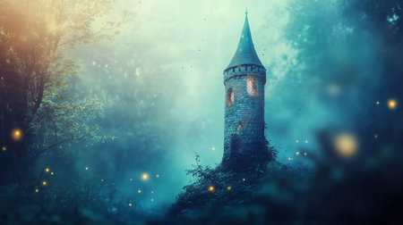 Mysterious castle in the forest at night. Fantasy illustration.の写真素材