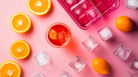 Top view of glass with ice cubes and orange slices on pink backgroundの写真素材