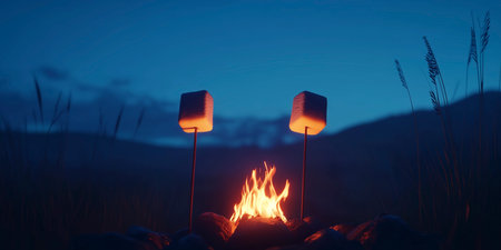Two marshmallows on a stick on the background of a bonfireの写真素材