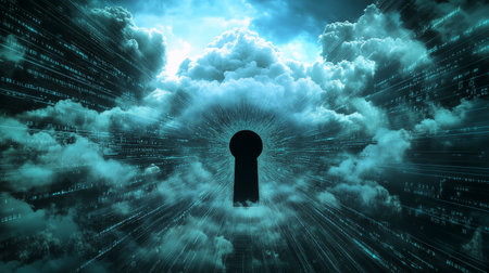 Keyhole in the sky with binary code, 3D illustration.の写真素材