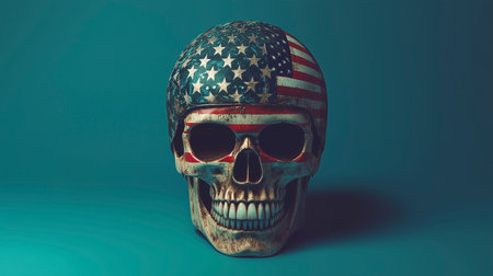 Skull with American flag on blue background. 3d illustration.の写真素材