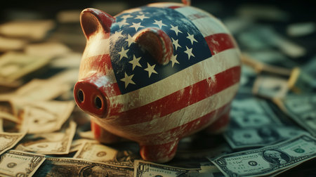 Piggy bank with the flag of the United States on dollar background.の写真素材