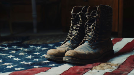 Pair of old military boots on the background of the American flag