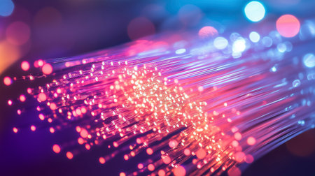 fiber optical network cable close up with colorful bokeh backgroundの写真素材