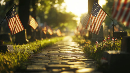 American flags on grave in cemetery at sunset. Memorial day concept.の写真素材