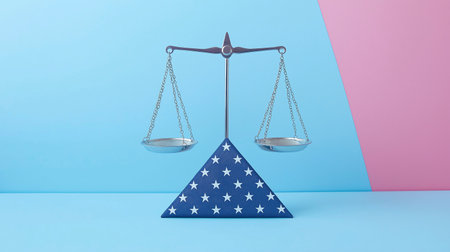 Scale of justice on a blue and pink background. 3d renderingの写真素材