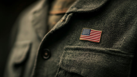 American flag on a clothes label on a man's jacket. Selective focus. Toned.の写真素材