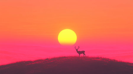 Silhouette of a deer on a hill at sunset, 3d renderの写真素材