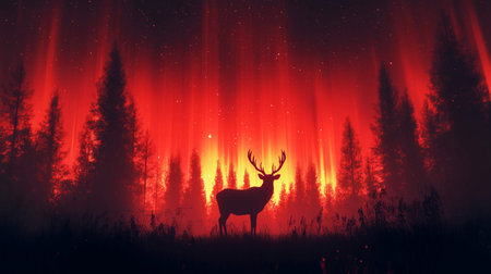 Silhouette of a deer in the night forest. 3D rendering