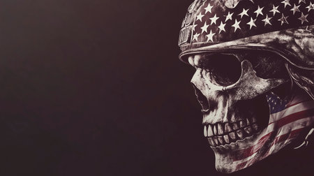 American skull with american flag on dark background. American military concept.の写真素材